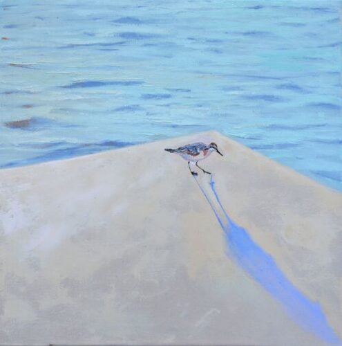 oil painting of a bird on a seashore