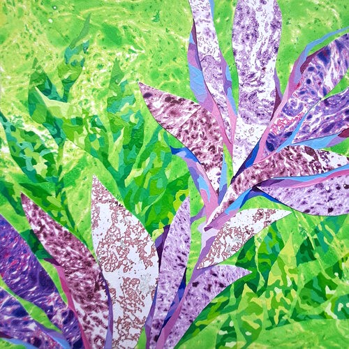 colorful floral collage art in purples and greens