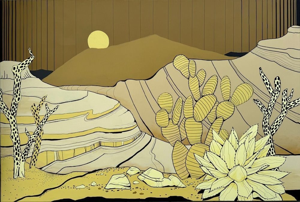 Clean-line, stylized, illustrated Southwestern desert landscape in yellow and brown featuring cacti and rock formations in the foreground of a large mountain peak under a sun or moon