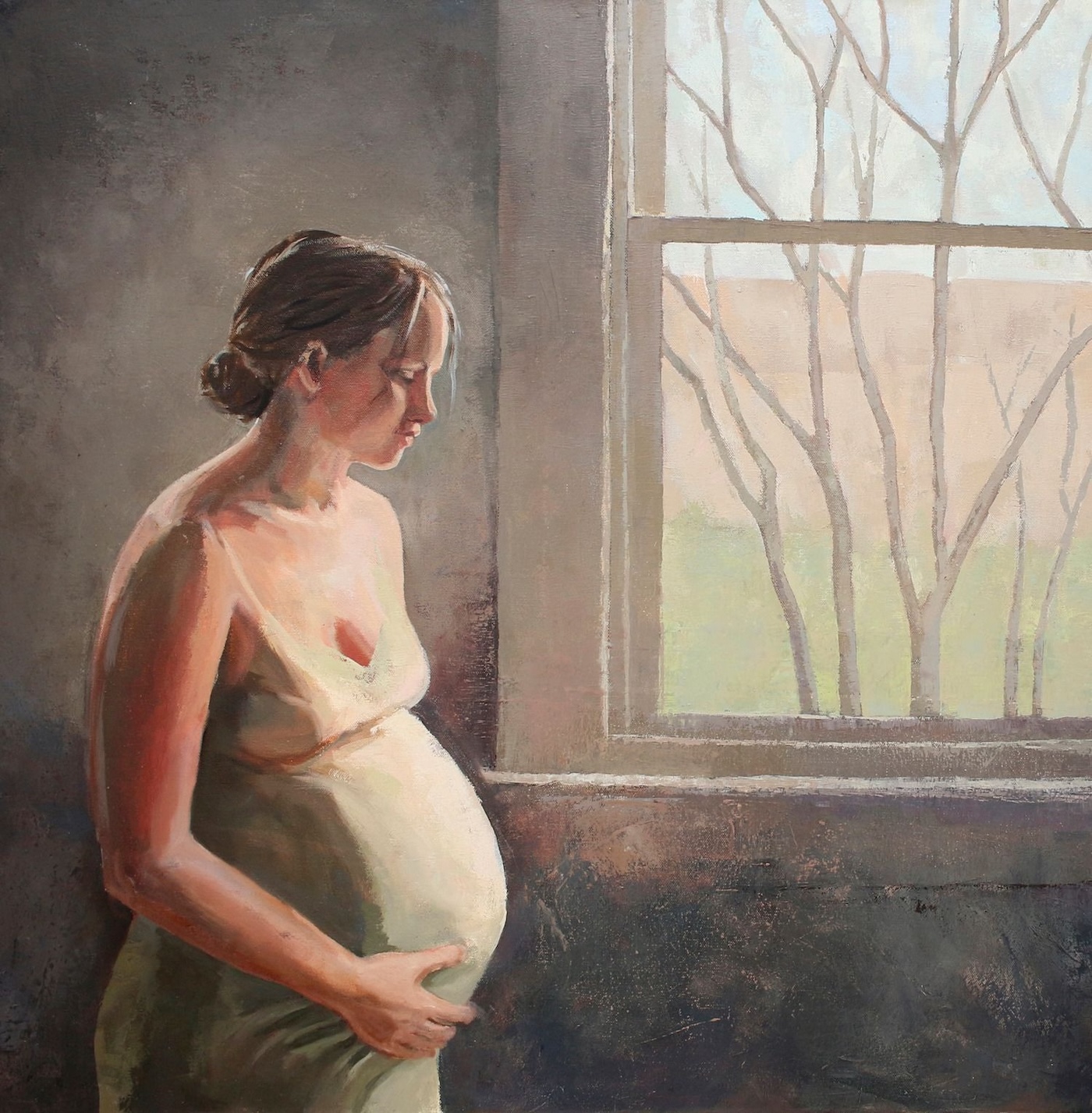 Oil painting of a pregnant woman holding her belly as she stands by a window, looking out onto a winter landscape of a spindly tree with no leaves, a spiritual metaphor for Mary awaiting a new dawn, waiting to bloom like the tree will in spring.
