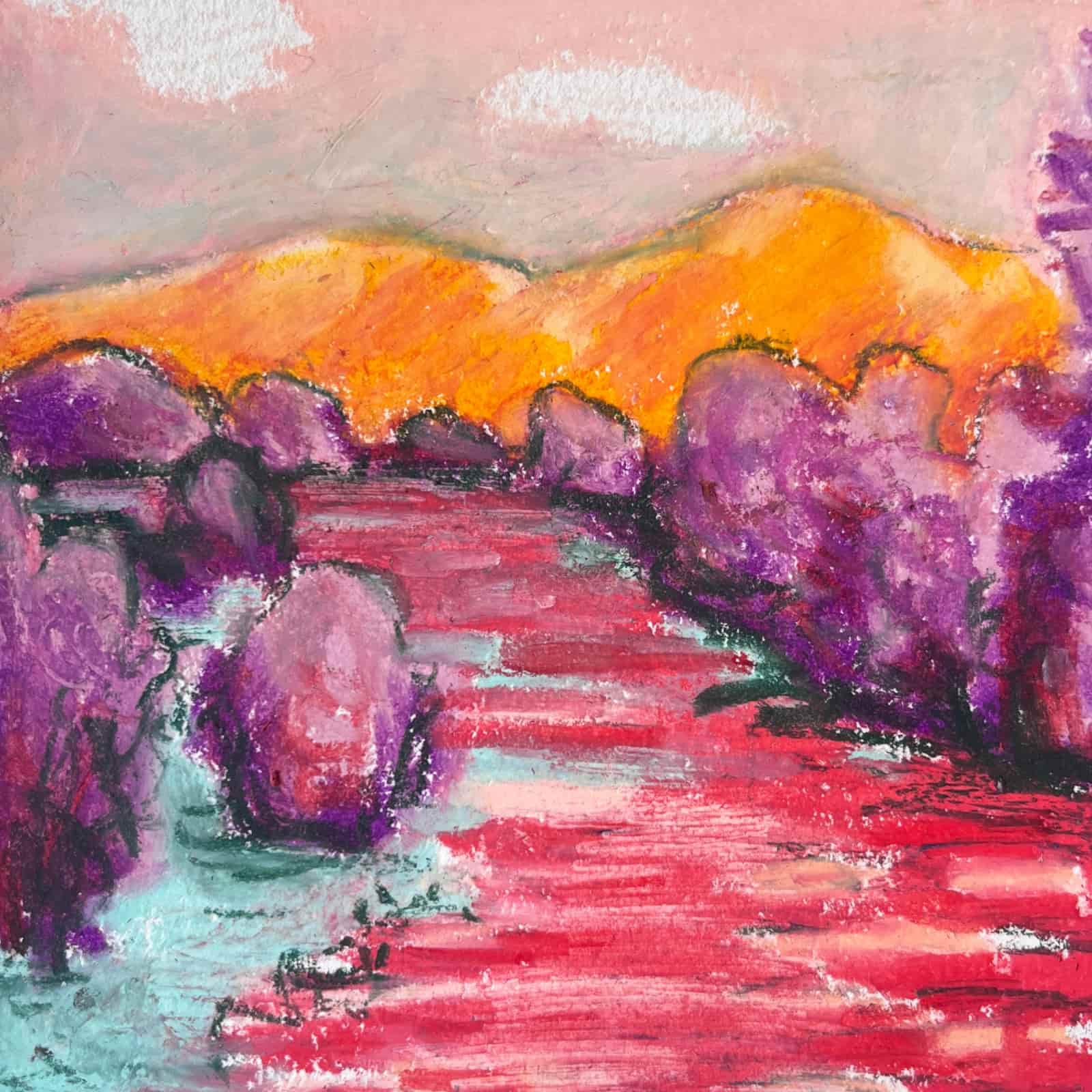 Colorful landscape with purple trees, a red path, orange mountain, and pink sky.