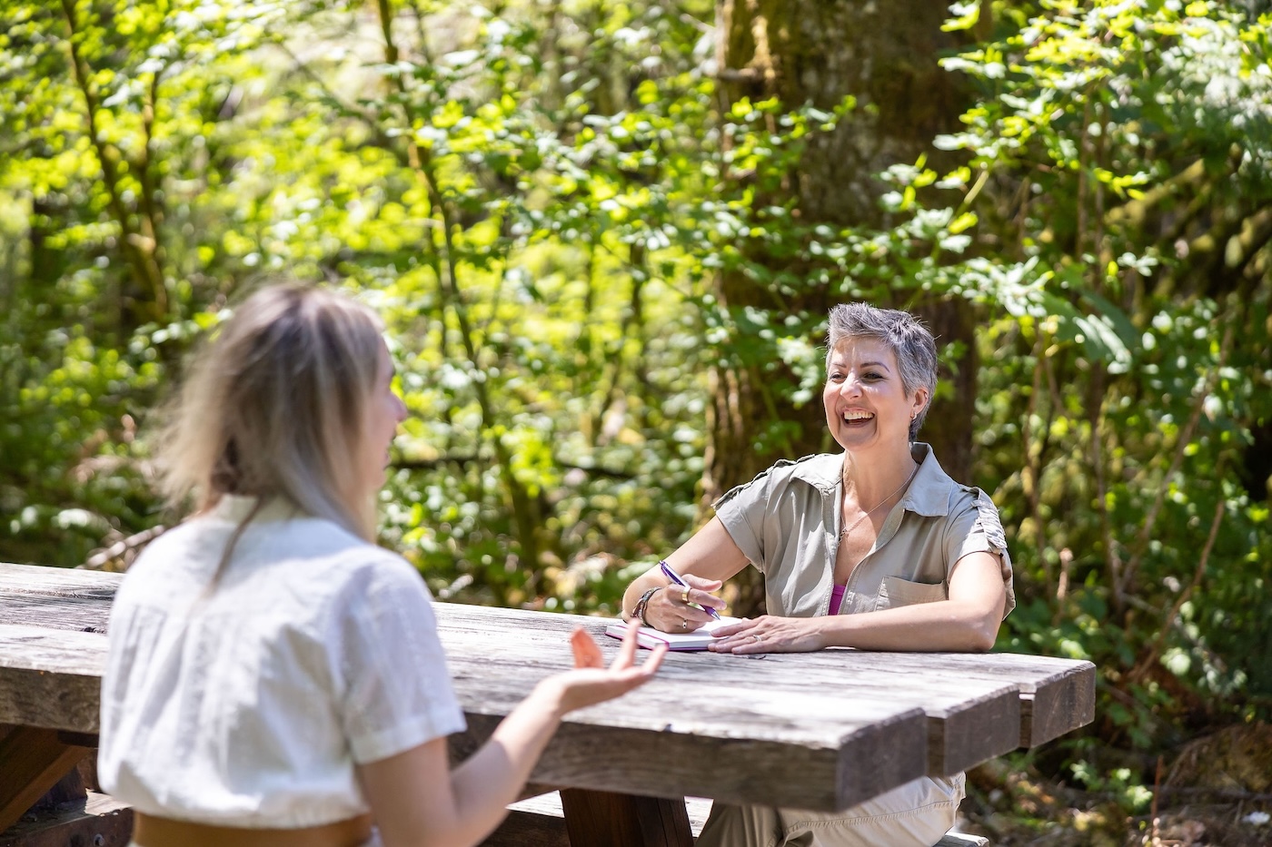 Two women sitting at a picnic table outside.