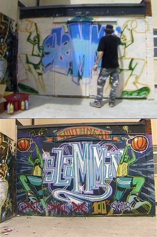 Archive photographs of Banksy Slammin lettering in Southmead Bristol
