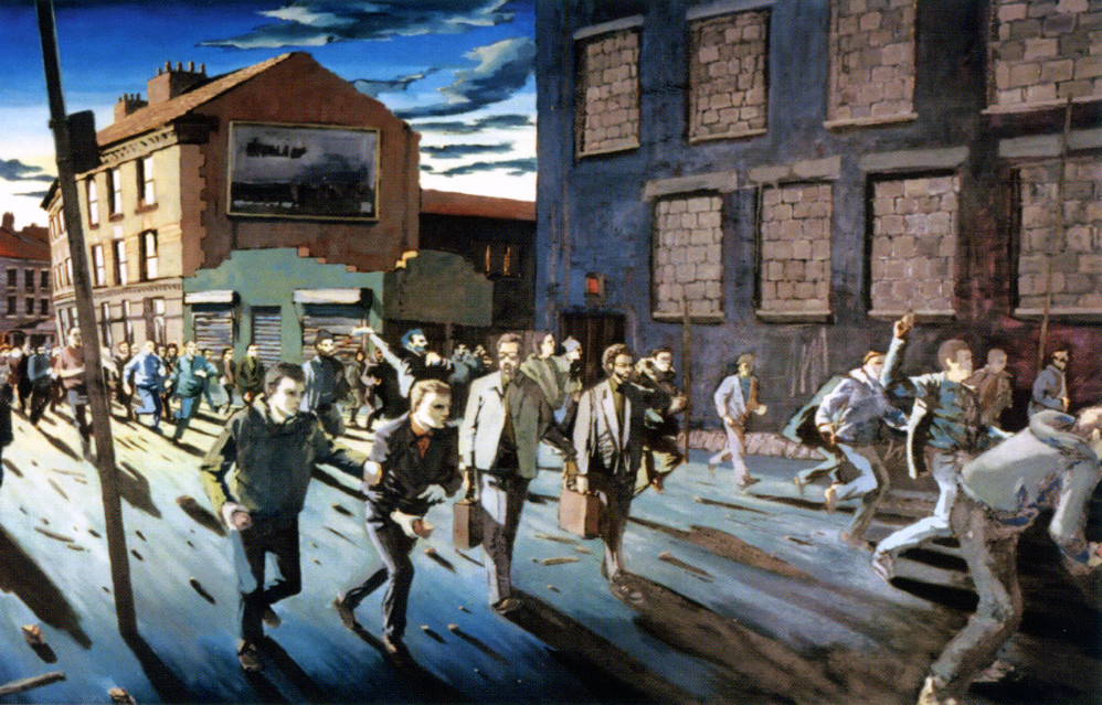 Early Banksy canvas showing a crowded street scene in Easton Bristol