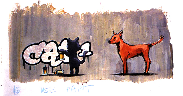 Banksy cat and dog study with graffiti lettering and an orange dog