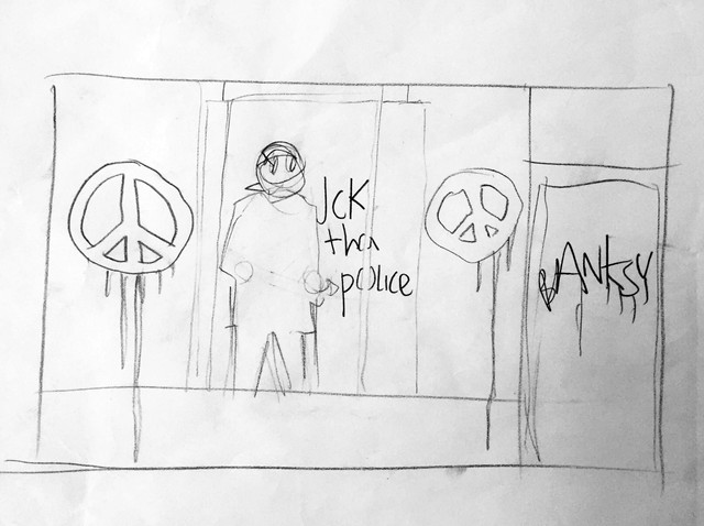 Banksy pencil plan for a gallery window with peace signs and a police figure