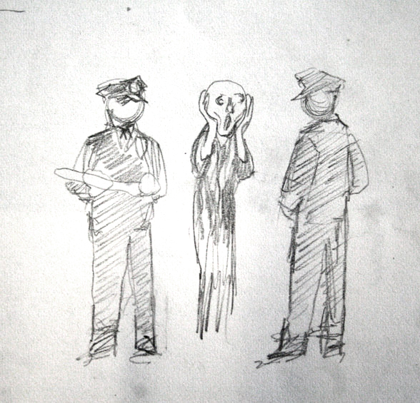 Banksy pencil sketch of two police officers flanking a figure inspired by The Scream