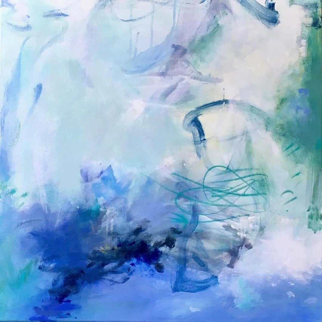 Gestural abstract painting with various shades of blue and green, with darkest elements in lower left.