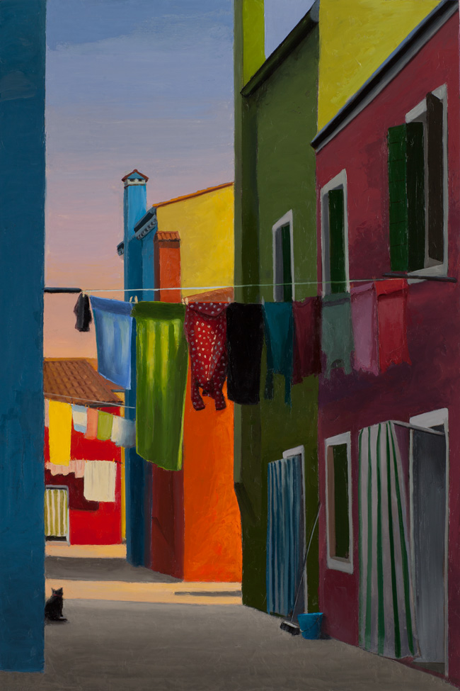 Painting of brightly-colored urban buildings with light in the distance and hanging laundry between them.