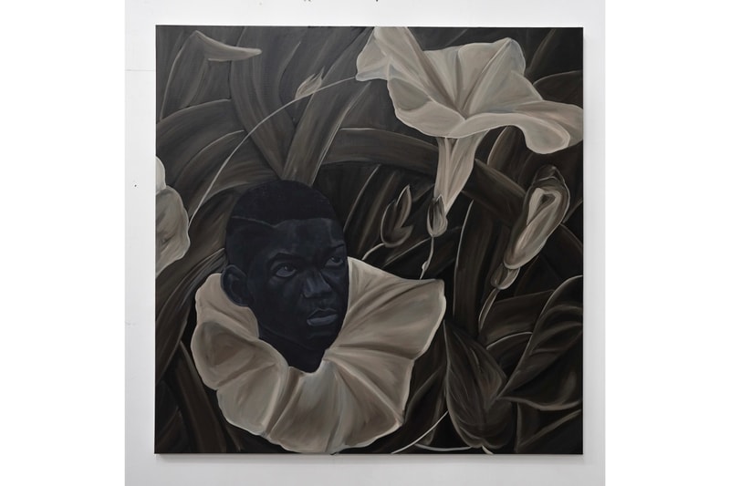 Jammie Holmes’s Untitled painting of a child framed by large morning glory flowers