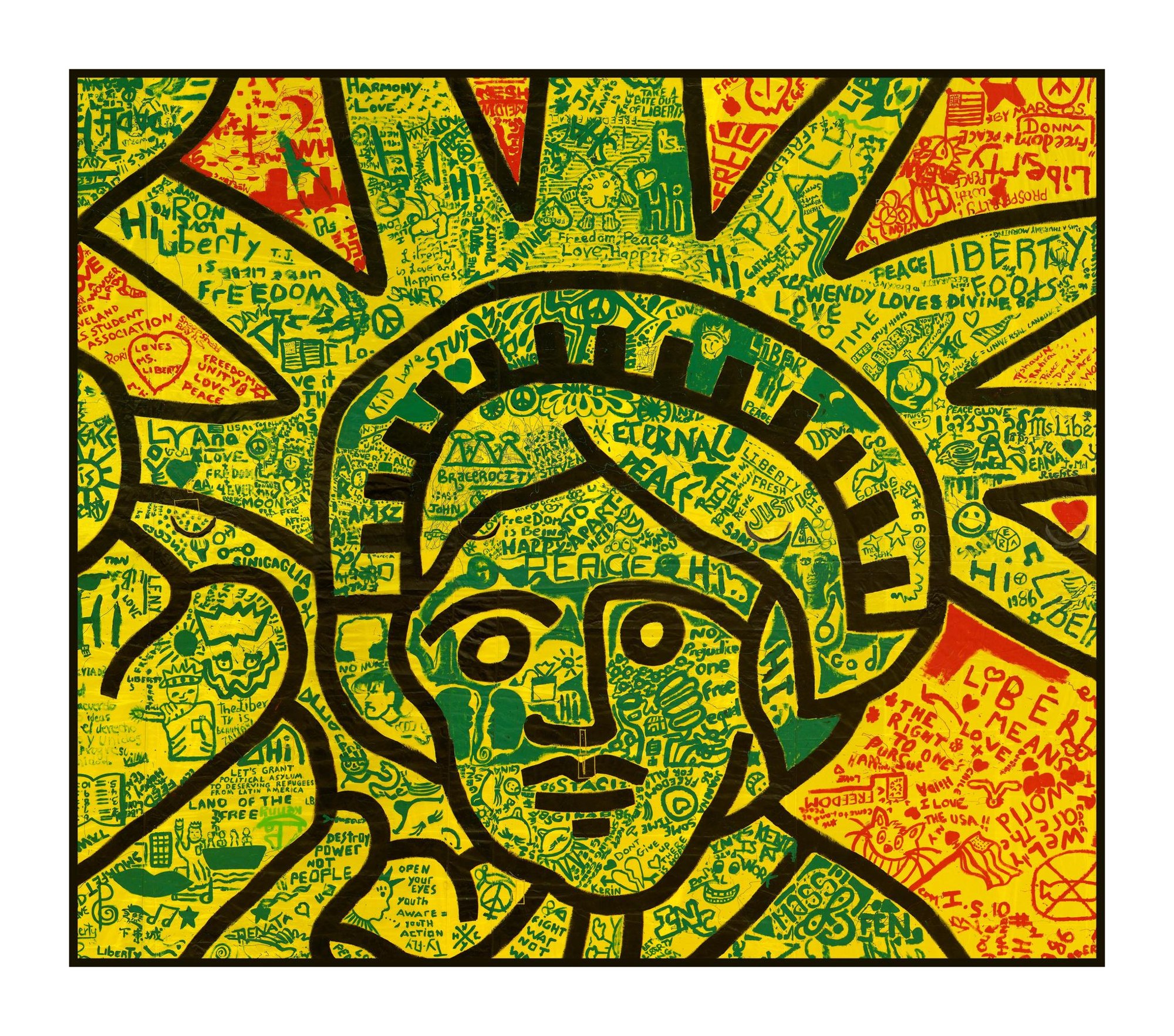 The Face of Liberty detail combining Haring’s black outlines with CityKids’ handwritten messages and drawings