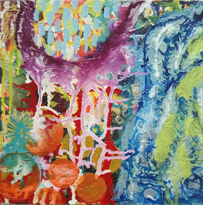 abstract painting or organic shapes in reds, blues, greens, and purple